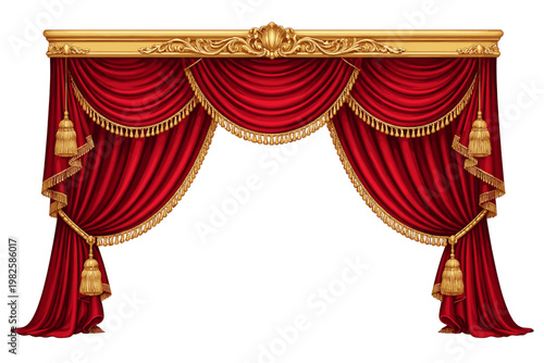 Luxury red velvet theater curtain with ornate gold cornice and decorative tassels. Realistic vector illustration of elegant stage drapery and lambrequin for interior design and performance.