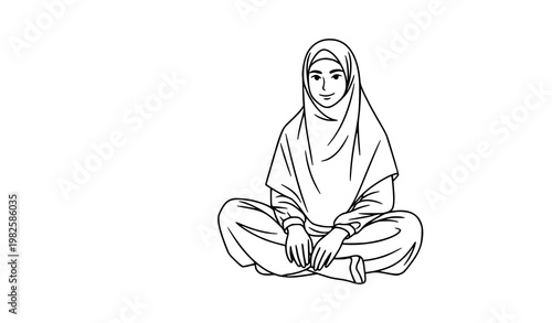 Modern hijab girl sitting cross legged outline vector illustration isolated on white background Muslim female line art character