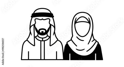 Traditional Middle Eastern Couple in Black and White Outline.