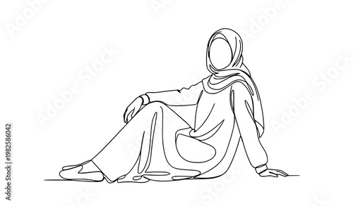Minimalist hijab girl side sitting pose line art vector illustration isolated on white background Muslim female outline design