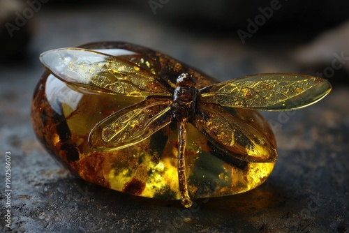 A beautifully preserved dragonfly encased in amber, showcasing intricate details and a timeless connection to the past.