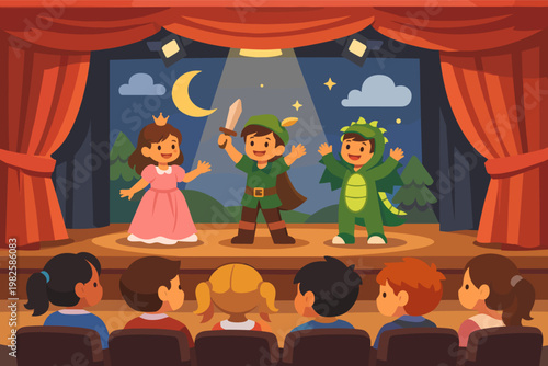 Children performing a school play on a theater stage with red curtains. A girl princess, a boy knight with a sword, and a dragon character act while classmates watch from the audience seats.