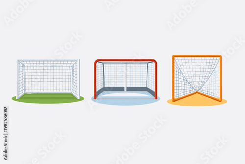 Flat vector illustration set of sports goals including soccer, ice hockey, and lacrosse nets on grass, ice, and sand surfaces, perfect for athletic competition icons and game design elements.