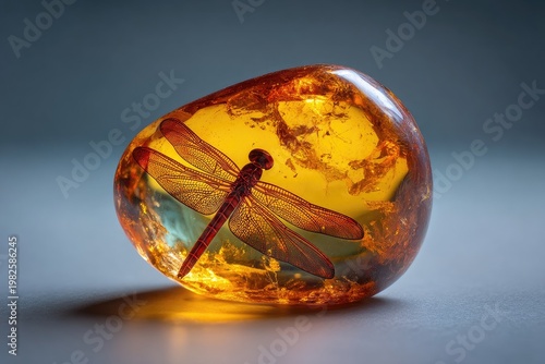 A stunning macro photograph showcases a perfectly preserved dragonfly encased within a translucent amber stone, highlighting the intricate details of its wings and body.