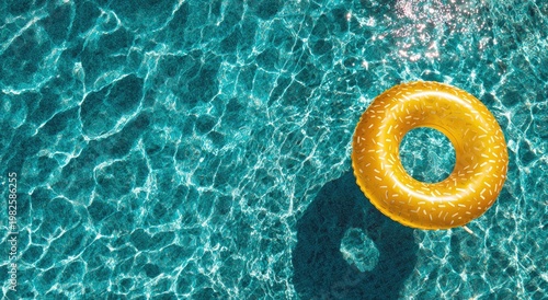 A vibrant yellow inflatable ring floats serenely on the surface of a turquoise swimming pool, creating a playful and refreshing summer scene.