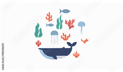 Marine life circle composition flat vector whale fish jellyfish coral seaweed underwater concept