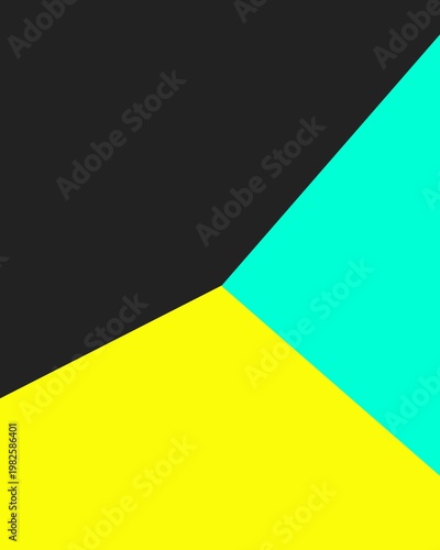 An abstract composition featuring sharp geometric divisions between vibrant cyan, bold yellow, and deep charcoal black fields.