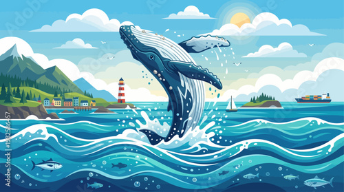 A majestic blue whale breaches high out of the vibrant blue ocean waves, with a picturesque coastal town, lighthouse, and mountains in the background under a sunny sky.