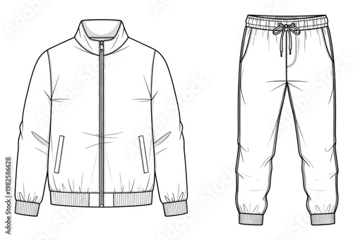 Technical drawing of a mens tracksuit featuring a collared zipup bomber jacket and comfortable jogger sweatpants, ideal for fashion design and apparel production development