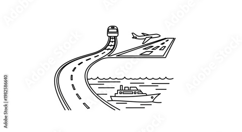 Transportation Illustration - Road, Sea, and Air Travel Options Depicted.