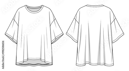 Flat technical drawing of a relaxed fit short sleeve crew neck t shirt featuring dropped shoulders and a curved hem, ideal for apparel design and product development resources