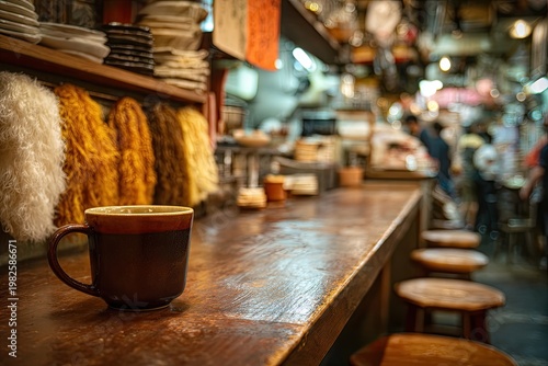 A warm, dark brown mug sits on a polished wooden counter in a bustling shop filled with textiles and blurred figures, creating a cozy and inviting atmosphere.