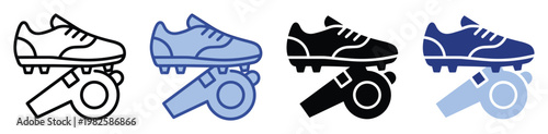 Professional soccer shoe and referee whistle icons for sports team management, game event organization, and athletic training applications