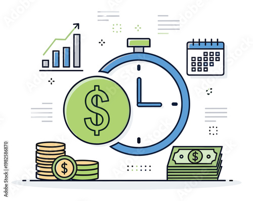 Financial growth and time management concepts are visually depicted with money, clock, and calendar for business planning and investment strategies