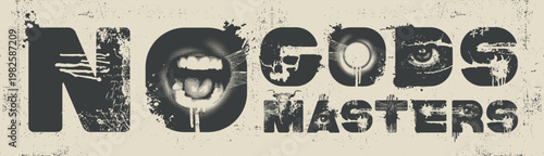 Vector lettering no codes masters in an urban grunge font featuring human eyes and aggressive mouths. Street art. A dark human skull. Suitable for posters, album covers, and t-shirts.No ai