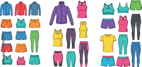 Colorful sportswear collection with fitness clothing including shorts leggings tops jackets and activewear outfits isolated on white background