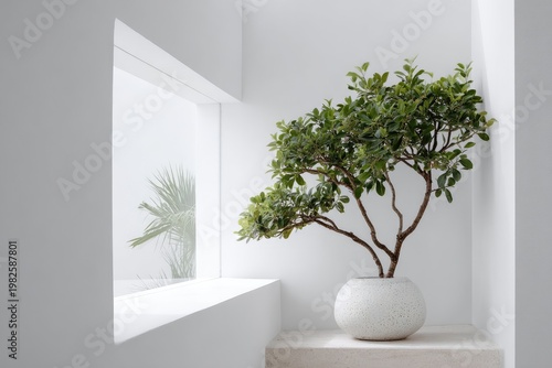 A vibrant green plant sits within a minimalist white architectural niche, framed by a window revealing a glimpse of palm fronds.