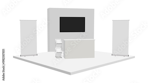 Exhibition booth setup with display screen and roll up banners