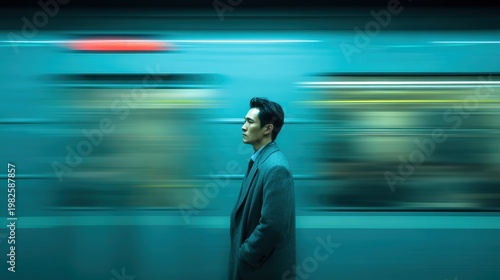 Business man walking in subway,standing on a platform,office life,coworking space,motion blur concept,metro or Train station in city.