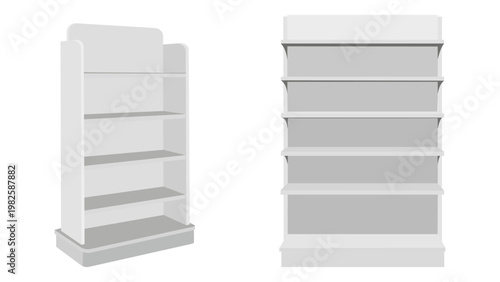 Two white empty shelving units