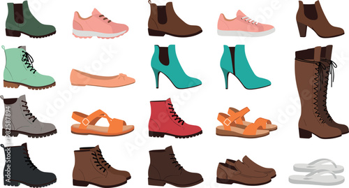 Stylish Women’s Footwear Set, Boots, Sandals, Heels, Sneakers, and Flats in Various Colors and Designs for Fashion and Casual Wear