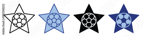 Dynamic collection of soccer star icons in varied styles, ideal for sports event branding, team emblems, achievement badges, and digital or print media applications
