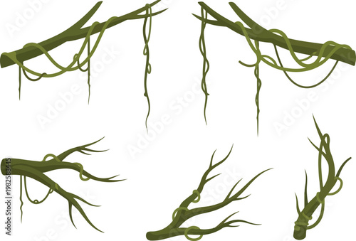 Set of lush green jungle vines and branches, perfect for natural environments and adventure themes