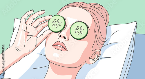 Woman with cucumber slices on eyes facial treatment relaxing beauty illustration