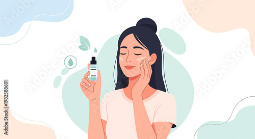 Woman applying skincare serum illustration beauty and wellness vector