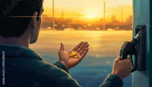 Person holding gold coin near gas station pump at sunset