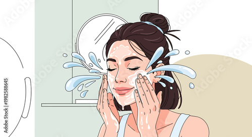 Woman cleansing face skincare routine illustration