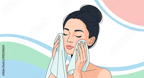 Woman cleansing face with towel illustration