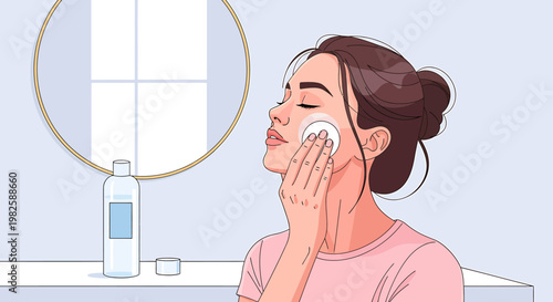 Woman cleansing face with cotton pad in bathroom