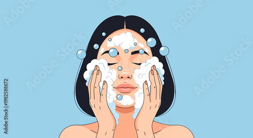 Woman cleansing face with foamy soap skincare routine illustration