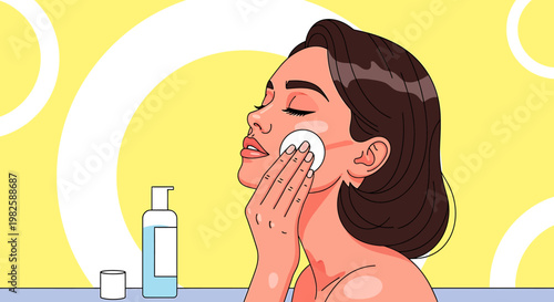 Woman cleansing skin beauty routine illustration