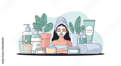 Woman enjoying skincare beauty treatment surrounded by beauty products and plants