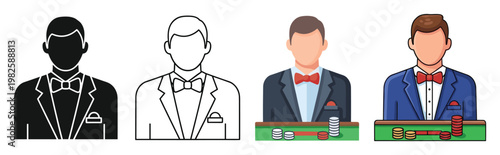 Casino dealer or croupier avatar icon set for gaming applications, financial services, online betting platforms, and luxury entertainment industry visuals.