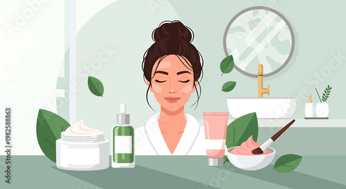 Woman relaxing in bathroom skincare products facial treatment