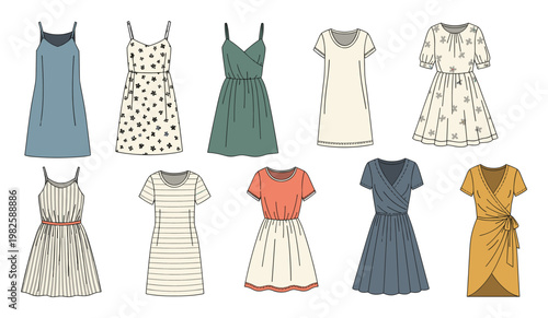 Diverse collection of stylish casual womens dresses featuring various lengths, necklines, and sleeve types, ideal for summer wardrobe planning, apparel merchandising, and clothing product