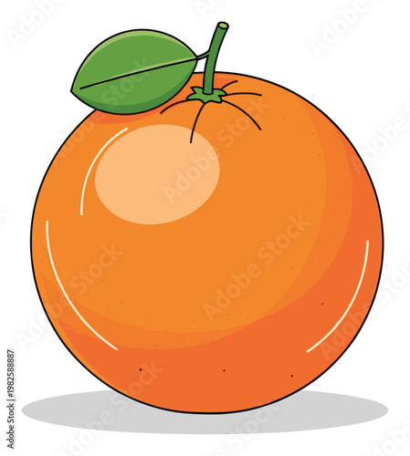 A vibrant ripe orange fruit with a green leaf and stem provides a fresh healthy food concept perfect for nutritional educational materials and juice packaging designs