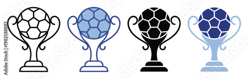 Soccer championship trophy icon set featuring football and winner cup symbols in various graphic styles perfect for sports event awards and competition recognition marketing materials