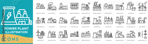 Power Plant Illustration icon set. Nuclear Power Plant, Thermal Energy Plant, Hydroelectric Power Station, Renewable Energy Plant, Geothermal Power Plant and Biomass Energy