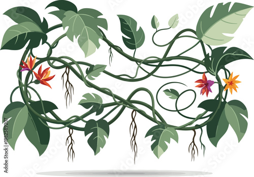 Vibrant jungle vines with exotic flowers and dangling roots, a beautiful natural illustration