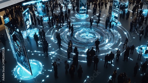 Futuristic Trade Show Exhibition Hall with Advanced Technology Booths, Neon Lighting, and Innovative Business Networking Environment