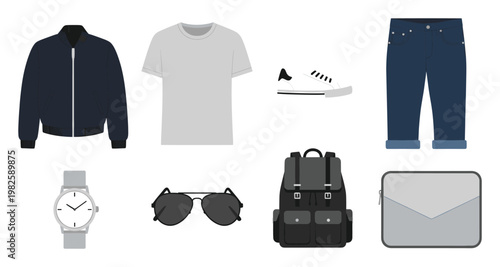 Versatile flat lay collection of casual mens attire and essential accessories perfect for lifestyle blogs, ecommerce, or everyday fashion guides