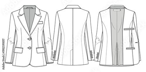 Detailed technical flat fashion sketch of a classic womens blazer with front back and inside views perfect for apparel design development and technical specification sheets