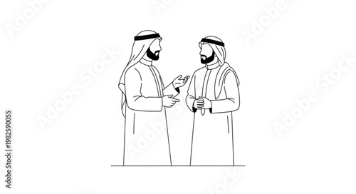 Two Arab men in traditional attire, engaged in conversation, close-up view.