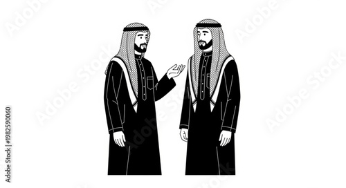 Two Arab men in traditional attire engaged in conversation, black and white illustration.