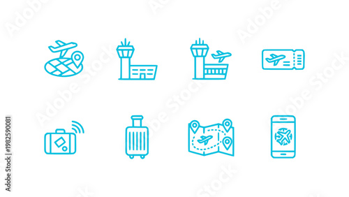 Travel icons including luggage, camera, map, and tourism elements.