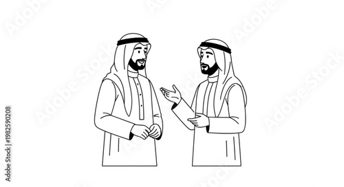 Two Arab men in traditional attire having a conversation.